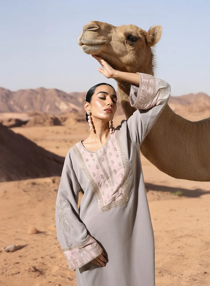 Ishin  Grey Zari Embroidered Colourblock Abaya for Women | Best Price UAE